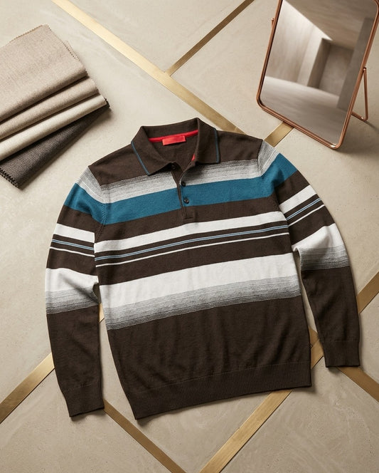 Men’s Premium Striped Polo Sweater – Brown & Teal
